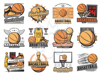 Basketball club badges, sport league and team championship icons. Vector basketball tournament, streetball league cup, training shoes and ball with wings, goal scoreboard and player vest