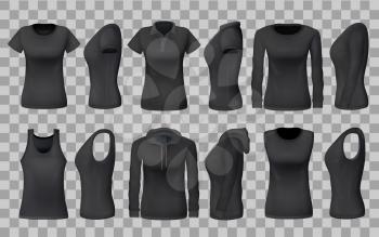 Women clothes apparel black templates and 3D realistic sportswear mockup models. Vector front and side view isolated t-shirts, sport tank tops and hoodies, casual polo or sleeveless shirt templates