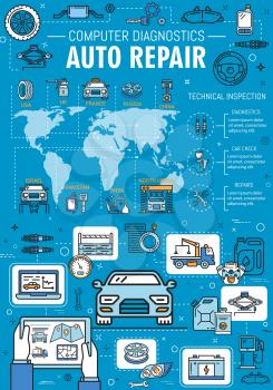 Car service, computer diagnostic and auto repair mechanic garage station. Vector car wash, tow service and tire pumping or vehicle engine oil replacement and maintenance line infographic on world map