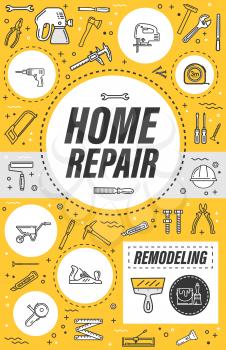 Home repair, house construction or flat renovation and remodeling service poster. Vector thin line handyman carpentry toolbox of hammer, interior painting brush and stucco plastering roller tool