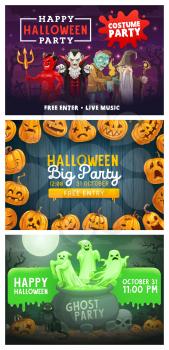 Halloween monsters costume party posters, horror night, Vector Halloween trick or treat holiday pumpkin with candle lanterns, ghosts in which cauldron and dracula with zombie devil on cemetery