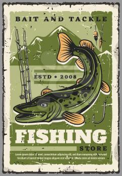 Fishing tackles and baits, fisherman equipment and fish catch accessories shop. Vector vintage retro poster of pike fish, fishing rods or spinning with hooks and floaters