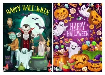 Happy Halloween holiday celebration, trick or treat party monster candies. Vector cartoon scary pumpkins, witch ghosts and Dracula vampire with zombie and sorcerer at cemetery