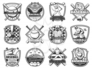 Baseball sport championship, softball team club badge and league tournament game icons. Vector emblems of baseball ball, player quarterback with bat and victory championship cup on arena field