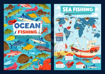 Sea fishing and ocean fishery industry, fisher license for seafood and fish catch. Vector fishing infographics on world map, lure tackles and equipment, boat or ship with marlin, tuna and salmon