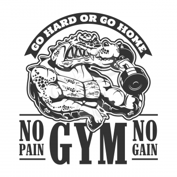 Gym icon, workout sport club symbol for t-shirt print. Vector No Pain No Gain and Go Hard or go home gym motivation quote, muscle crocodile with iron dumbbell and muscular biceps