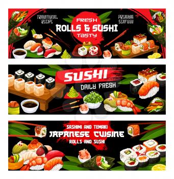 Sushi menu, Japanese bar and Asian restaurant banners. Vector Japan food fish sushi and seafood rolls with rice, soy and wasabi, salmon tempura and eel unagi maki, gunkan and Philadelphia rolls