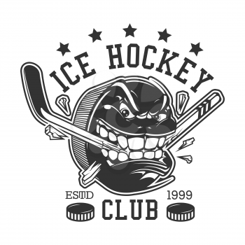 Ice hockey club or college league t-shirt print template. Vector ice hockey sport team mascot badge of rage puck breaking hockey stick with teeth, championship or victory cup tournament game stars