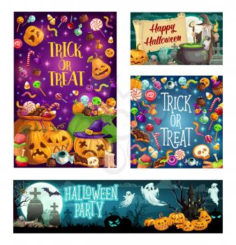 Happy Halloween holiday cartoon posters, trick or treat monster party celebration. Vector scary candies and horror sweets, pumpkins with witch ghosts, zombie and haunted cemetery