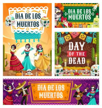 Dancing skeletons of Dia de los Muertos Mexican holiday vector design. Day of Dead altar with sugar skulls, Catrina Calavera and mariachi with sombrero and guitar, marigold flower and festive bunting