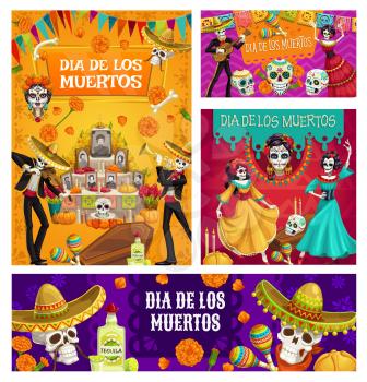 Day of Dead vector sugar skulls, mariachi skeletons and Catrina Calavera, Mexican Dia de los Muertos altar, sombreros and marigold flowers, flag garland, bread and candles. Religion holiday design