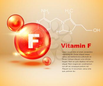 Vitamin F, healthy lifestyle and essential fatty acids poster. Vector vitamin F 3D capsule of essential oil, alpha-linolenic omega 3 and omega 6 chemical formula of fatty acid for body health support