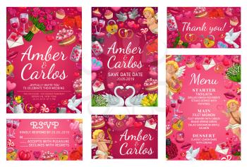 Save the date menu, rsvp card and bride and groom names lettering. Vector bridal attributes and menu template, starter and main courses, desserts. Doves and flowers, swans and hearts, cakes and wine