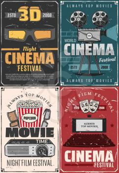 Film festival, cinema theater premiere night and movie vintage posters. Vector cinematography movie clapperboard, video camera and cinema 3D glasses, movie star award, popcorn and cinema projector