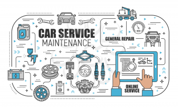 Car online service, mechanic diagnostic and repair remote assistance. Vector thin line vehicle tow, tire wheel and engine restoration, car computer diagnostic service in mobile application technology