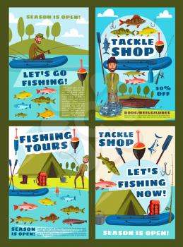 Sea fishing and lake fishery season, fish catch tours and fisher equipment tackles shop posters. Vector man with rod fishing in boat for pike, perch or salmon and tuna, carp and flounder in fishnet