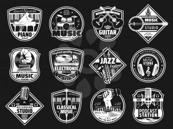 Music festival, karaoke bar and recording studio label signs. Vector podcast radio station, retro music instruments shop, electronic music DJ sound equipment and jazz band concert icons