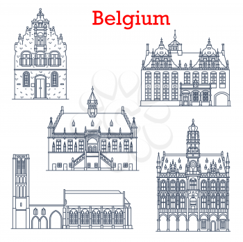 Belgium landmarks architecture, city sightseeing buildings, churches icon. Belgium travel landmark Notre Dame in Damme, Butcher Hall or Meat House Vleeshuis in Werne, town hall Stadthuis in Oudenaarde