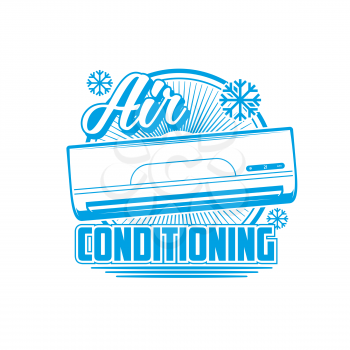 Air conditioning icon, conditioners and split systems vector emblem. Home air conditioners, cleaning and cooling ventilation appliances, air purifiers or ionizer for rooms with HEPA filters