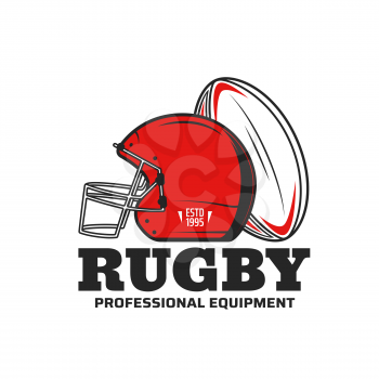 Rugby sport vector icon with rugby football game ball and scrum cap or helmet. Team player equipment or sporting items isolated symbol of sport club, championship match or sporting competition design