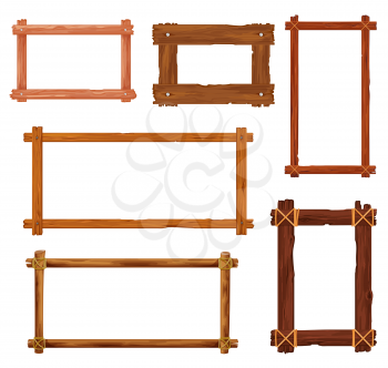 Cartoon wooden frames and borders. Vector wood boards, brown old planks and panels with splits, cracks, nails and ropes. Room interior , photo or painting frame, game interface design