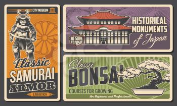 Japan history museum, monuments and bonsai art retro posters. Samurai warrior in armor, armed sword, ancient temple building and bonsai tree in flowerpot vector. Japan history, culture vintage banners