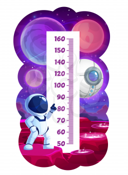 Space kids height chart. Cartoon astronaut on planet surface. Children growth meter with spaceman or galaxy explorer in spacesuit, rocket or spaceship on planet surface with craters, geysers with lava