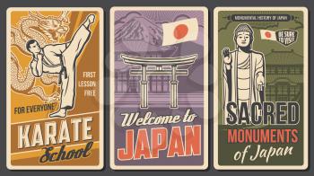 Japan martial art, sacred places retro posters. Karate fighter in kimono striking high kick, Ushiku Great Buddha statue and torii gate vector. Karate school, welcome to Japan vintage banners