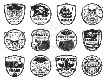 Piracy and pirate heraldic icons, vector Jolly Roger skulls or skeleton heads, black flag, cannon and guns. Captain tricorn, chest with treasure, crossed bones and filibusters swords isolated symbols