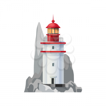 Sea lighthouse vector icon of nautical navigation safety tower. Isolated ocean beacon or lighthouse building with searchlight lamp, guide beam, seaside beach and coastal rock, marine travel design