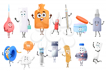 Cartoon pills, drugs and medicament characters. Vector medicine mascots, cute happy clyster, syringe and thermometer with ointment in jar. Capsule, bottle with tablets and patch, cotton pad with cream