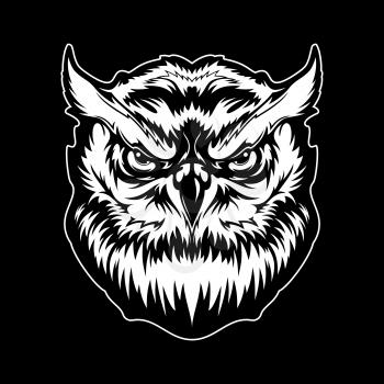 Great horned owl bird head t-shirt print, animal mascot. Monochrome vector bird of prey tattoo, angry looking tiger or hoot owl with feather eyebrows and beak. Predator eyesight and wisdom symbol