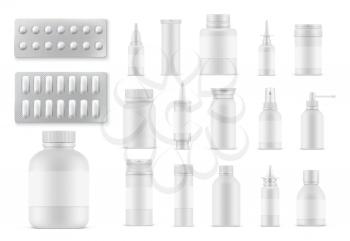 Pills and medicaments realistic bottles and packages. Vector medicine blister packs, sprayers, tablets and capsules mockup. Painkillers, remedy design elements for medical advertising isolated 3d set