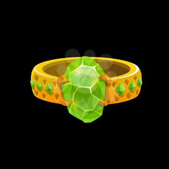 Wizard magic ring with green gemstones, vector sorcerer golden jewelry. Fantasy witch gold jewel with precious gems or crystals. Cartoon ui element, isolated graphic design asset for computer game