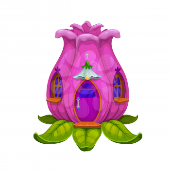 Fairy flower bud house or dwelling of elf enchantress, vector gnome home. cartoon pink blossom building with wooden door, windows and lantern above entrance. Fantasy fairytale house on green leaves