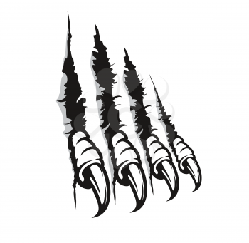 Bird of prey claw marks, scratches, vector monster fingers with long nails tear through paper or wall. Wild animal rips, dragon paw sherds, beast break, four talons traces isolated on white background