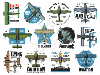 Flight school vector icons. Vintage plane flying in sky, airplane aviation school and commercial pilot flight training program, airplane show, educational courses, aviators and fliers academy labels