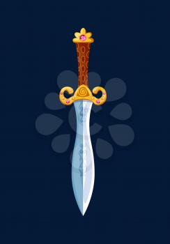 Magical cartoon dagger blade with golden hilt. Vector knight sword, knife cold steel arms decorated with precious gems and ornament. Ui design element for computer game, isolated magic warrior weapon