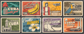 Cuban travel, food, nature and culture vector design. Retro posters with Havana beach palms, Caribbean Sea and tropical parrot, flag and map of Cuba, Havana capitol, mariposa, liberty cap and banana