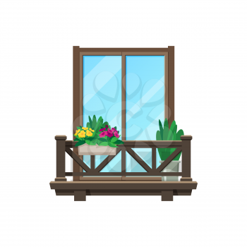 Balcony window, house building facade with porch, vector wood veranda or terrace. Apartment vintage or modern wooden balcony with fence banister and flowers, house villa or mansion balcony