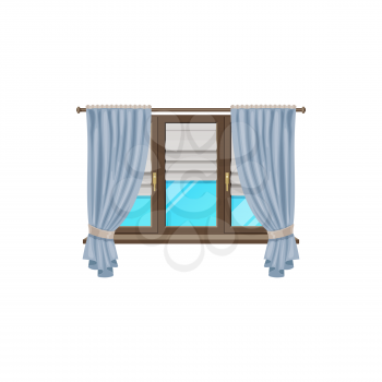 Window curtains or blind drapes and shutter roller jalousie, vector flat isolated icon. Classic window frame with shades drapery folds or tulle, house jalousie rolls on wooden cornice rod