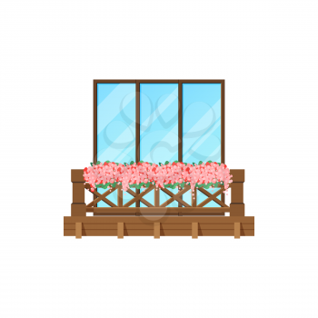 Balcony window of house building facade, wood banister porch, vector. Apartments terrace with wooden fence or railing banister, modern architecture of hotel, mansion villa, veranda patio with flowers