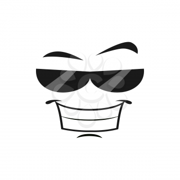 Smiling emoticon face in sunglasses isolated emoji icon. Vector stylish face in modern black glasses, emoji used to denote sense of cool. Laughing cheerful avatar, grinning smiley with toothy smile