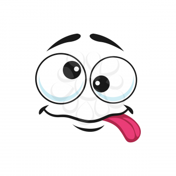 Strange stupid emoticon showing tongue isolated icon. Vector emoticon with silly eyes, awkward face expression. Strange emoji, crazy idiot mascot. Cheerful person social network chatbot