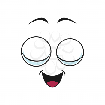 Smiling emoticon with big closed eyes isolated cute emoji icon. Vector sleeping or dreaming smiley with eyebrows and open mouth. Cheerful pleased face expression, satisfied funny emoji head