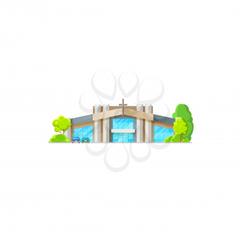 Catholic church building vector icon. Contemporary church architecture, cathedral, chapel or monastery glass facade design. Isolated christian evangelic religious exterior with cars on parking