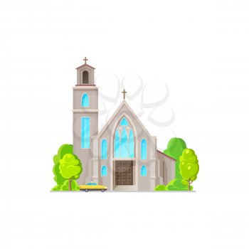 Catholic church building vector icon. Medieval cathedral with gothic arch windows. Chapel or monastery facade, christian church design, evangelic religious architecture exterior isolated cartoon sign