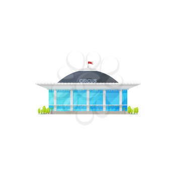 Big top tent circus isolated cartoon building icon. Vector chapiteau circus with red flag on top, amusement fair park, funfair entrance, entertainment industry construction facade exterior with trees