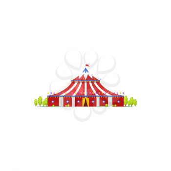 Canopy itinerant chapiteau, old shapito cirque with flag on top isolated icon. Vector red marquee, amusement awning of circus building. Traveling circus arena, entertainment amusement show fairground