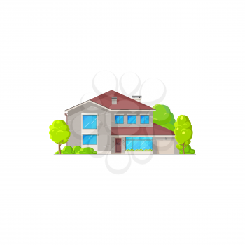Real estate private building, villa, cottage isolated cartoon icon. Vector residential home, village luxury townhouse, residence apartment with wide windows and brown roof, private living property